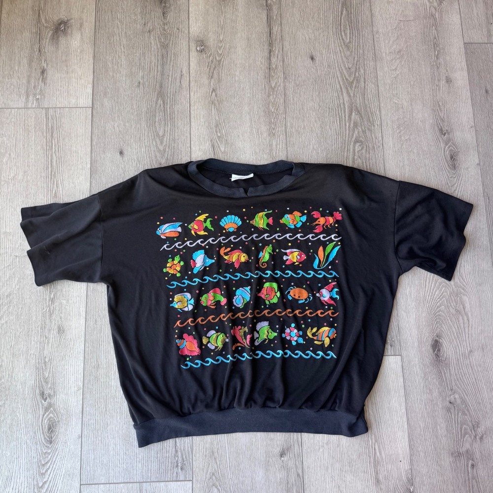 Vintage 80s Jordana Fish Graphic Sweatshirt Women Oversized w/ Shoulder Pads USA